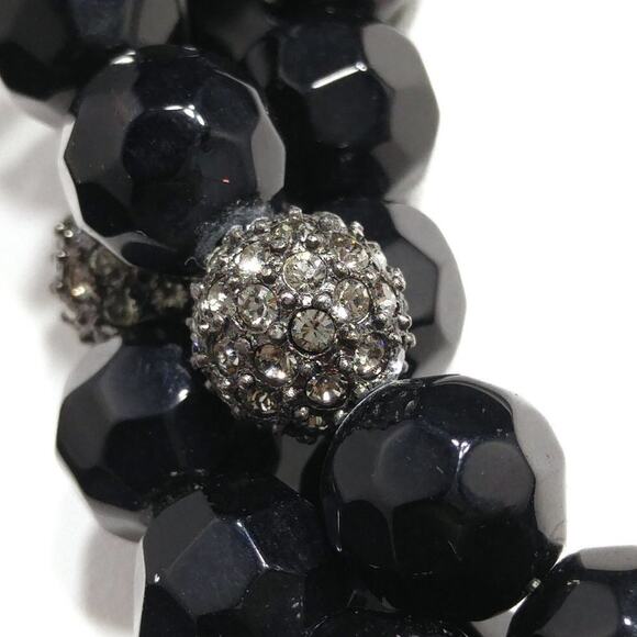 Vintage Black Glass Rhinestone 3 Strand Bead Necklace, Strung Wire, 1990s, 18" - Picture 2 of 7